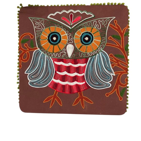 Pier 1 Imports Embroidered Fabric Owl Wall Art Pom Pom‎ Trim Retro 70s Inspired - Picture 6 of 8